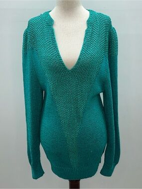 Vintage 80s Nannell Teal Green Open Knit V-Neck Sweater Rayon Wool Blend Size L
